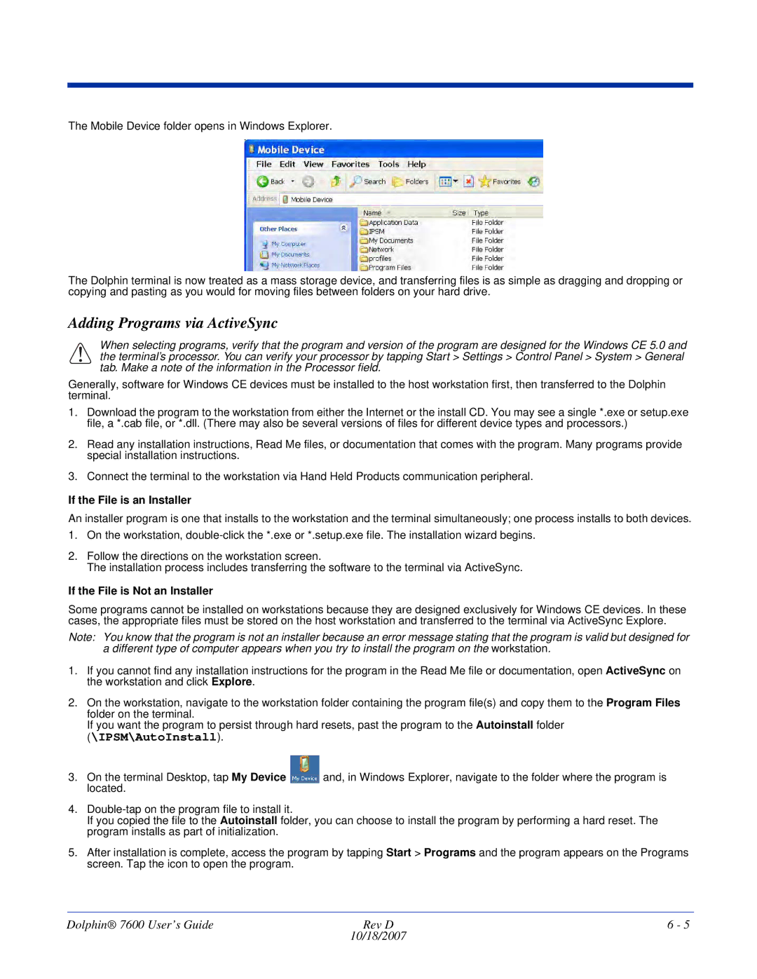 Hand Held Products 7600 manual Adding Programs via ActiveSync, If the File is an Installer, If the File is Not an Installer 