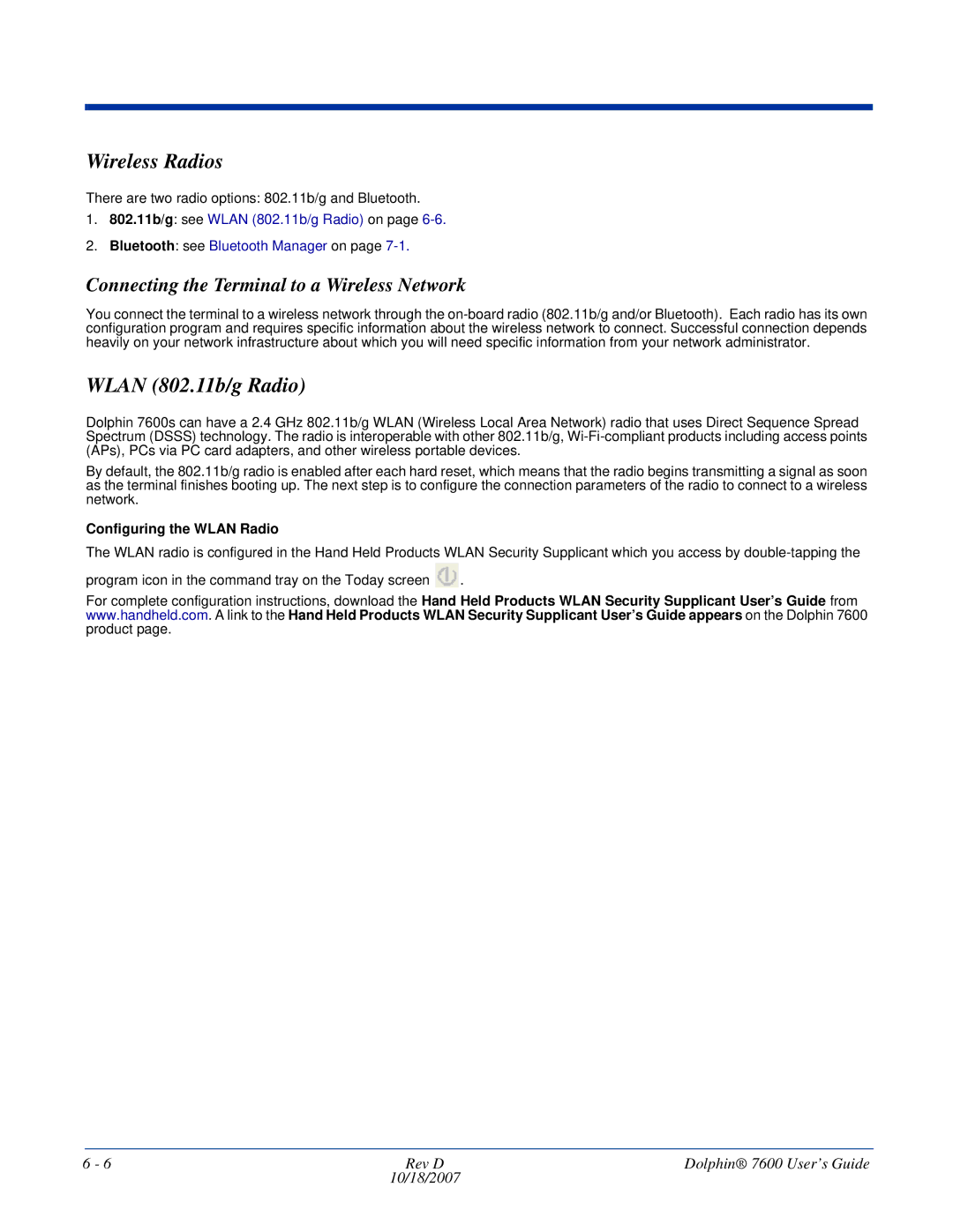 Hand Held Products 7600 manual Wireless Radios, Wlan 802.11b/g Radio, Connecting the Terminal to a Wireless Network 