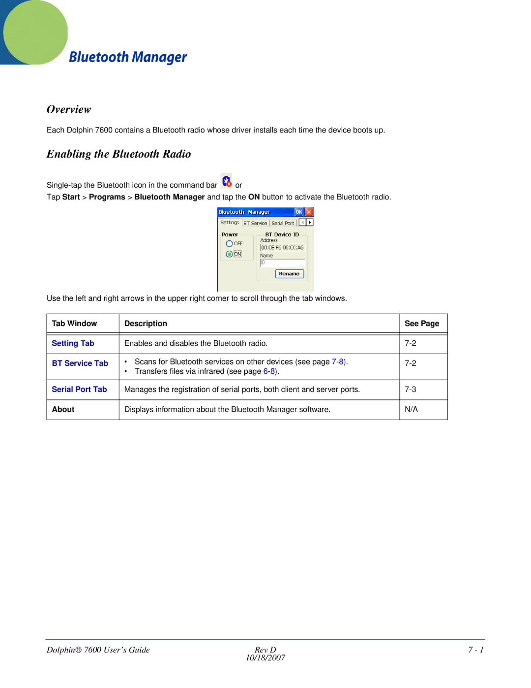 Hand Held Products 7600 manual Enabling the Bluetooth Radio, Tab Window Description See, About 
