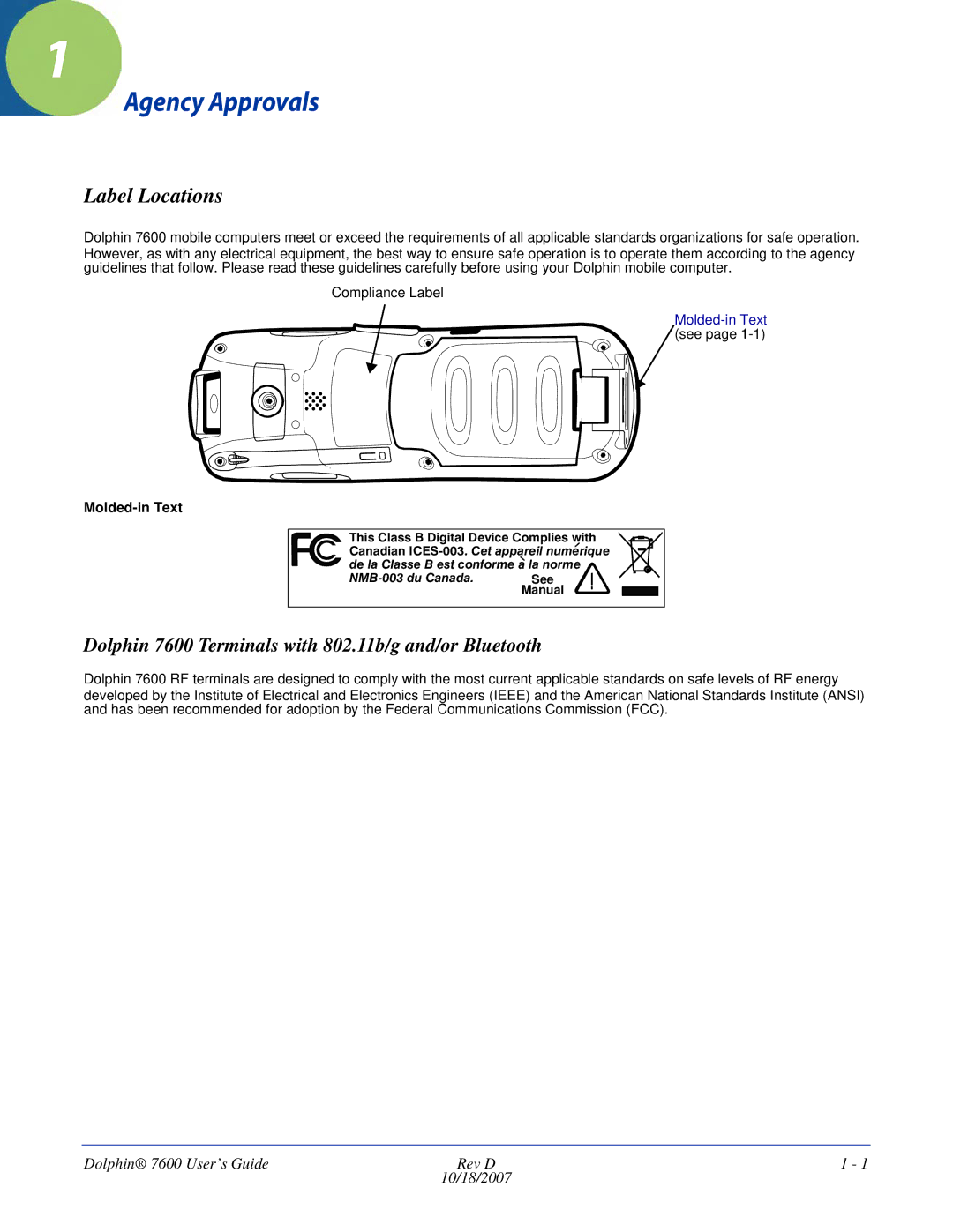 Hand Held Products manual Label Locations, Dolphin 7600 Terminals with 802.11b/g and/or Bluetooth, Molded-in Text 