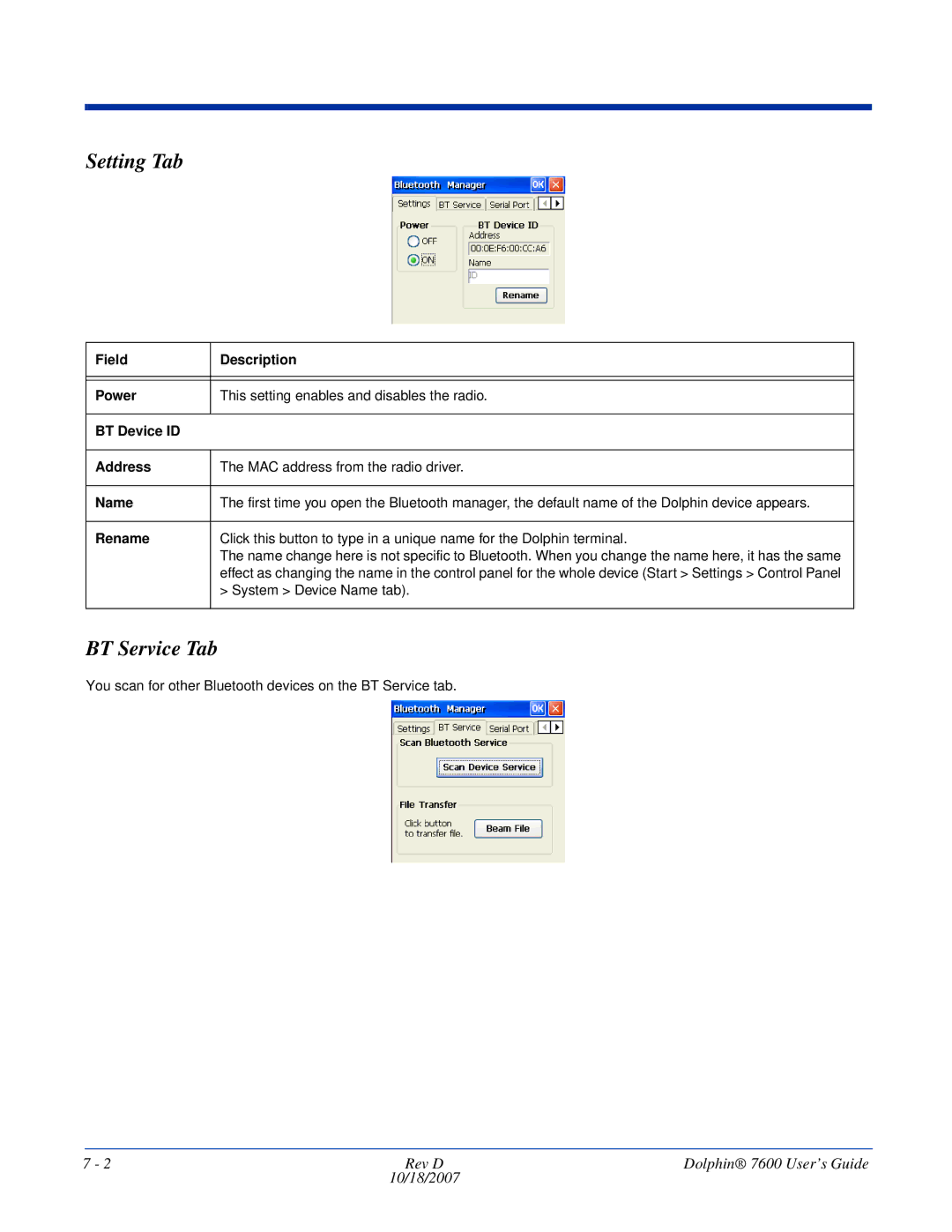 Hand Held Products 7600 manual Setting Tab, BT Service Tab 