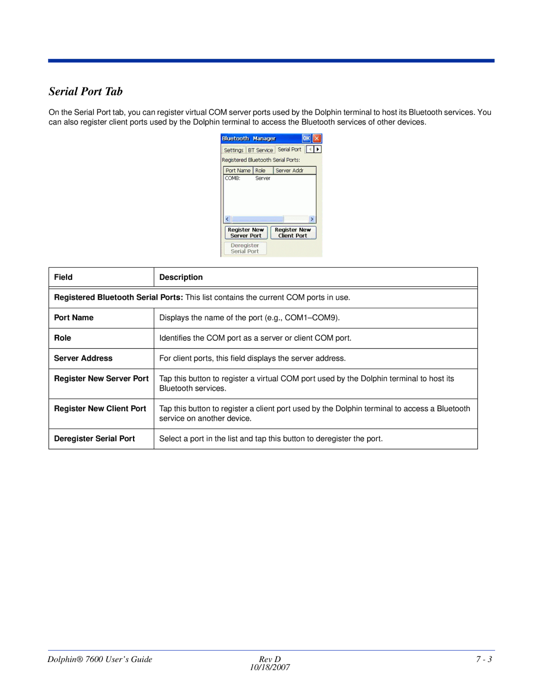 Hand Held Products 7600 manual Serial Port Tab, Service on another device 