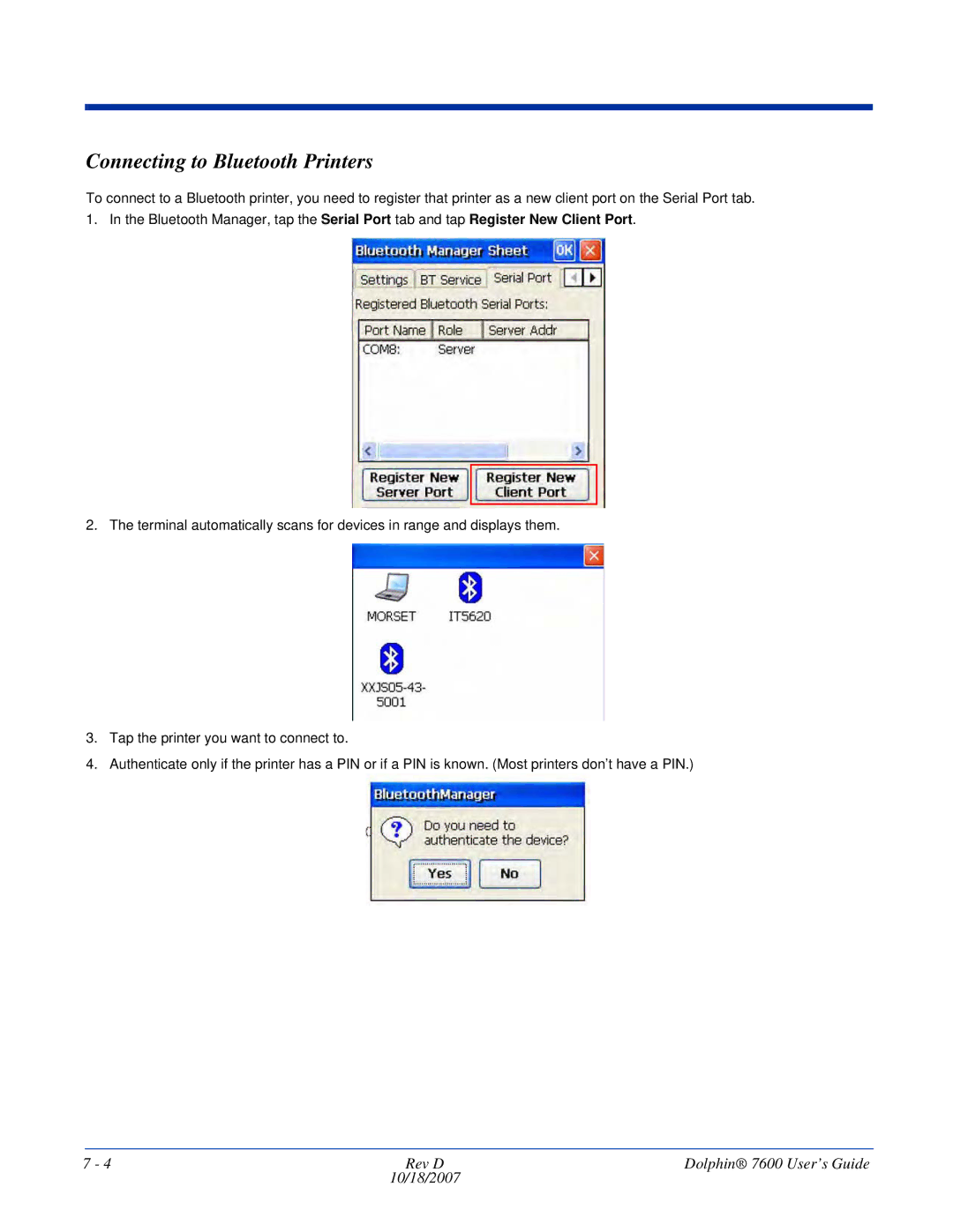 Hand Held Products 7600 manual Connecting to Bluetooth Printers 