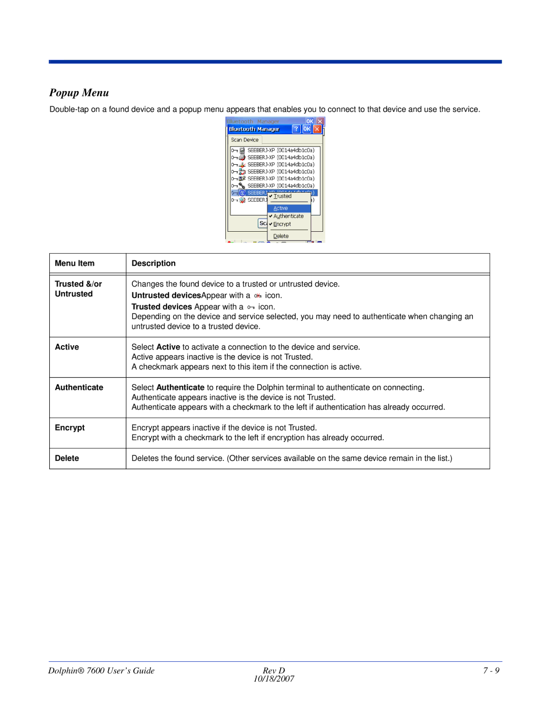 Hand Held Products 7600 manual Popup Menu 