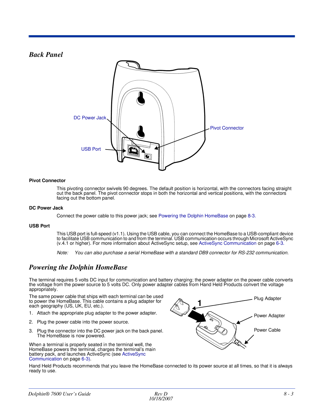 Hand Held Products 7600 manual Back Panel, Powering the Dolphin HomeBase, Pivot Connector, USB Port 