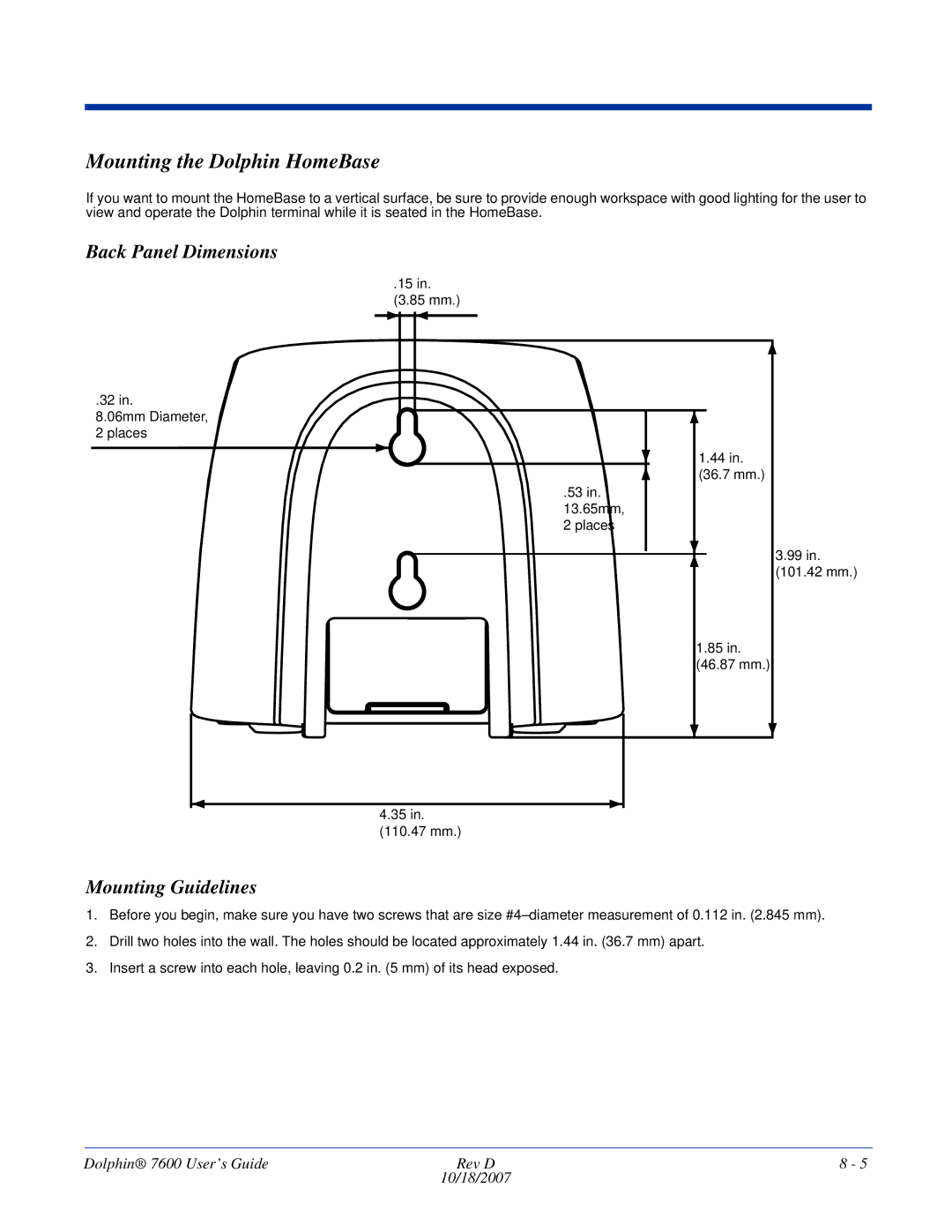 Hand Held Products 7600 manual Mounting the Dolphin HomeBase, Back Panel Dimensions, Mounting Guidelines 