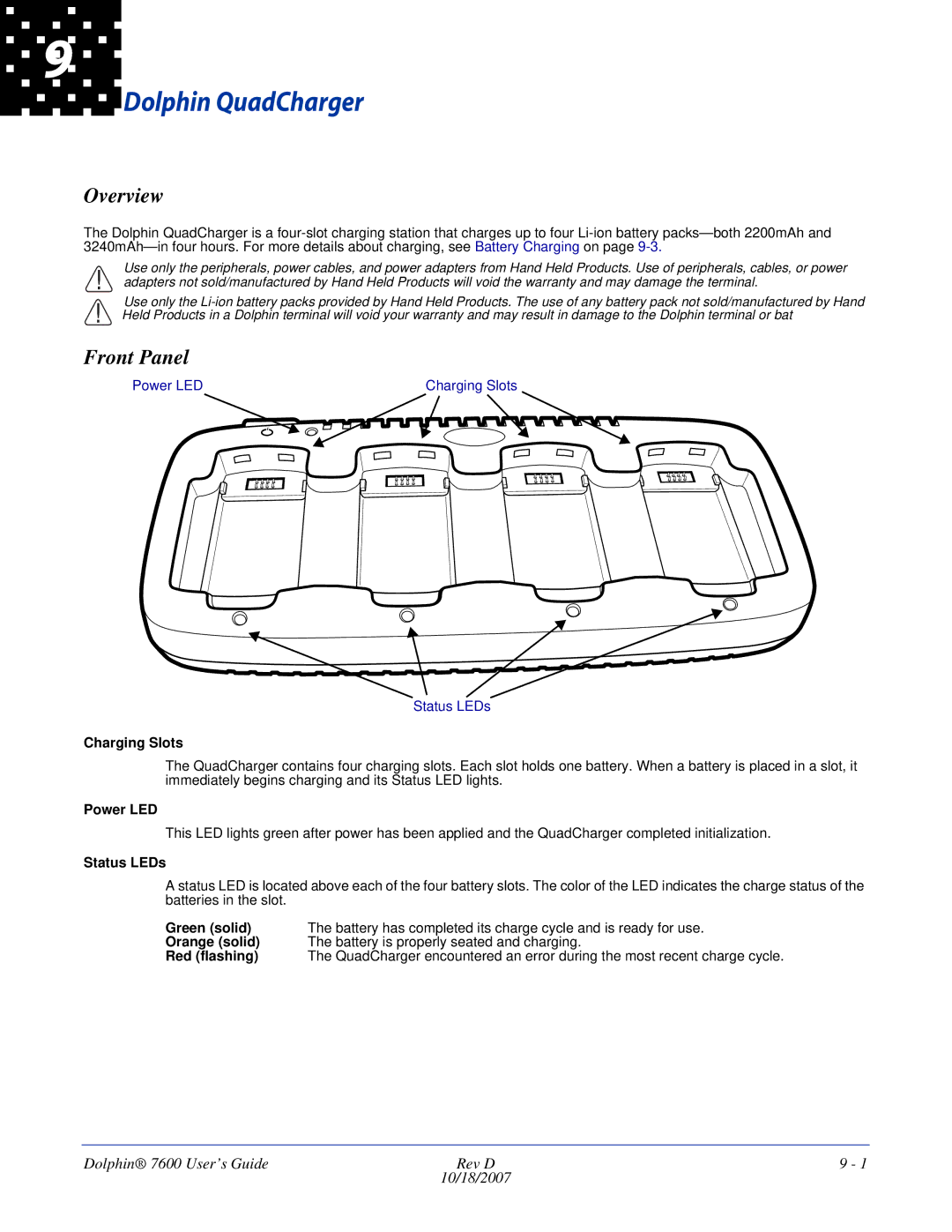 Hand Held Products 7600 manual Charging Slots, Power LED, Status LEDs 