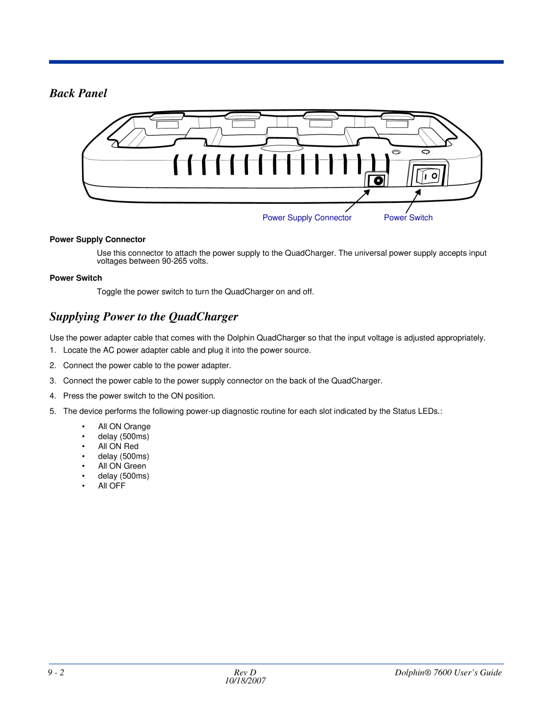 Hand Held Products 7600 manual Supplying Power to the QuadCharger, Power Supply Connector, Power Switch 