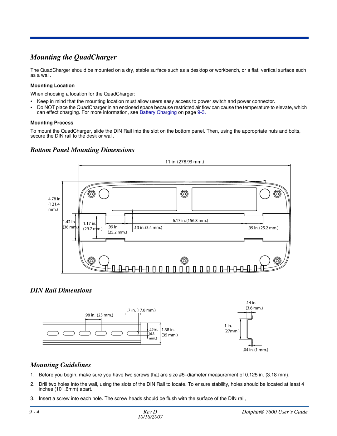 Hand Held Products 7600 Mounting the QuadCharger, Bottom Panel Mounting Dimensions, DIN Rail Dimensions, Mounting Location 