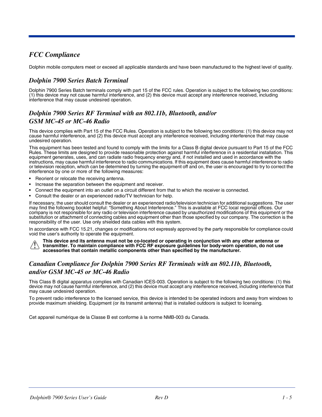 Hand Held Products manual FCC Compliance, Dolphin 7900 Series Batch Terminal 