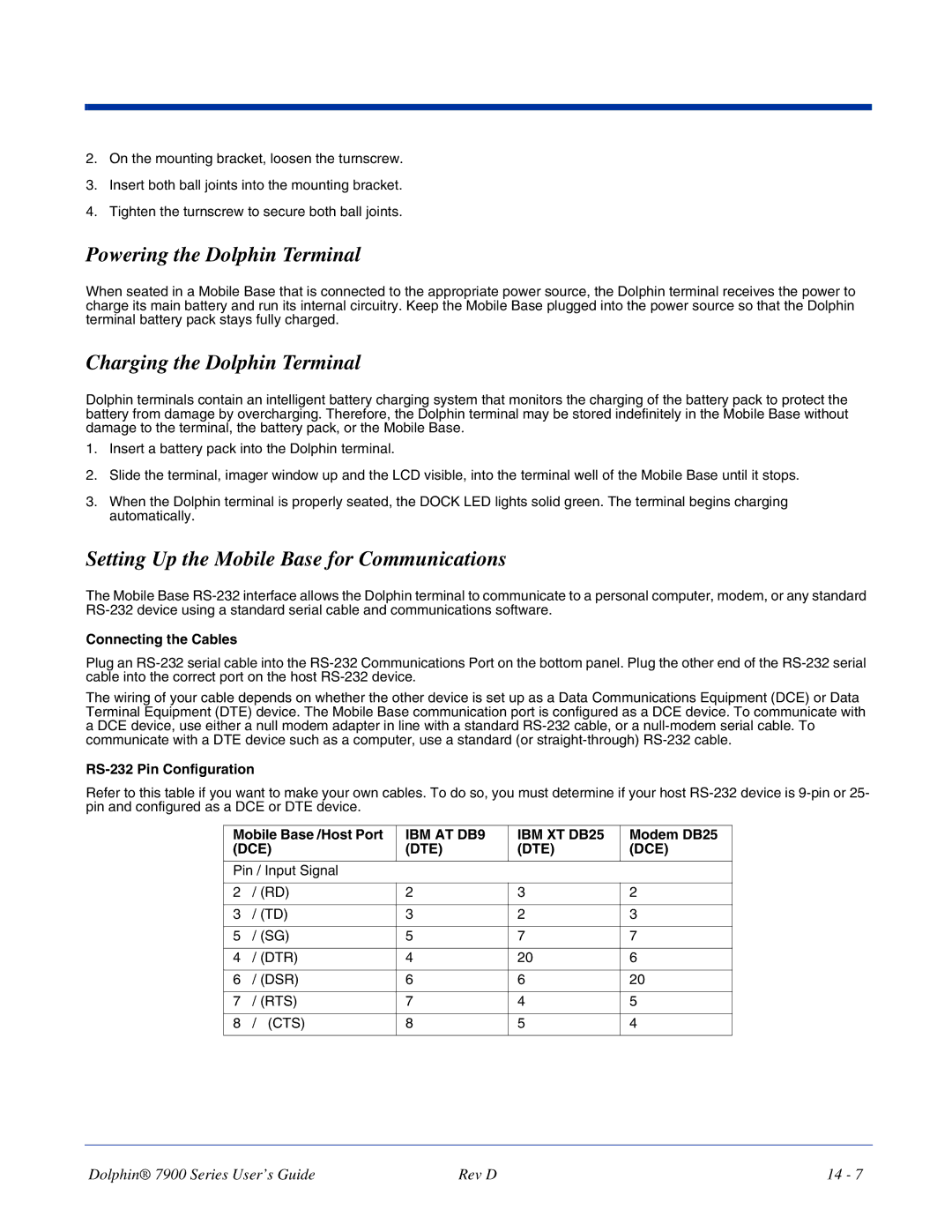 Hand Held Products 7900 manual Powering the Dolphin Terminal, Charging the Dolphin Terminal, RS-232 Pin Configuration 