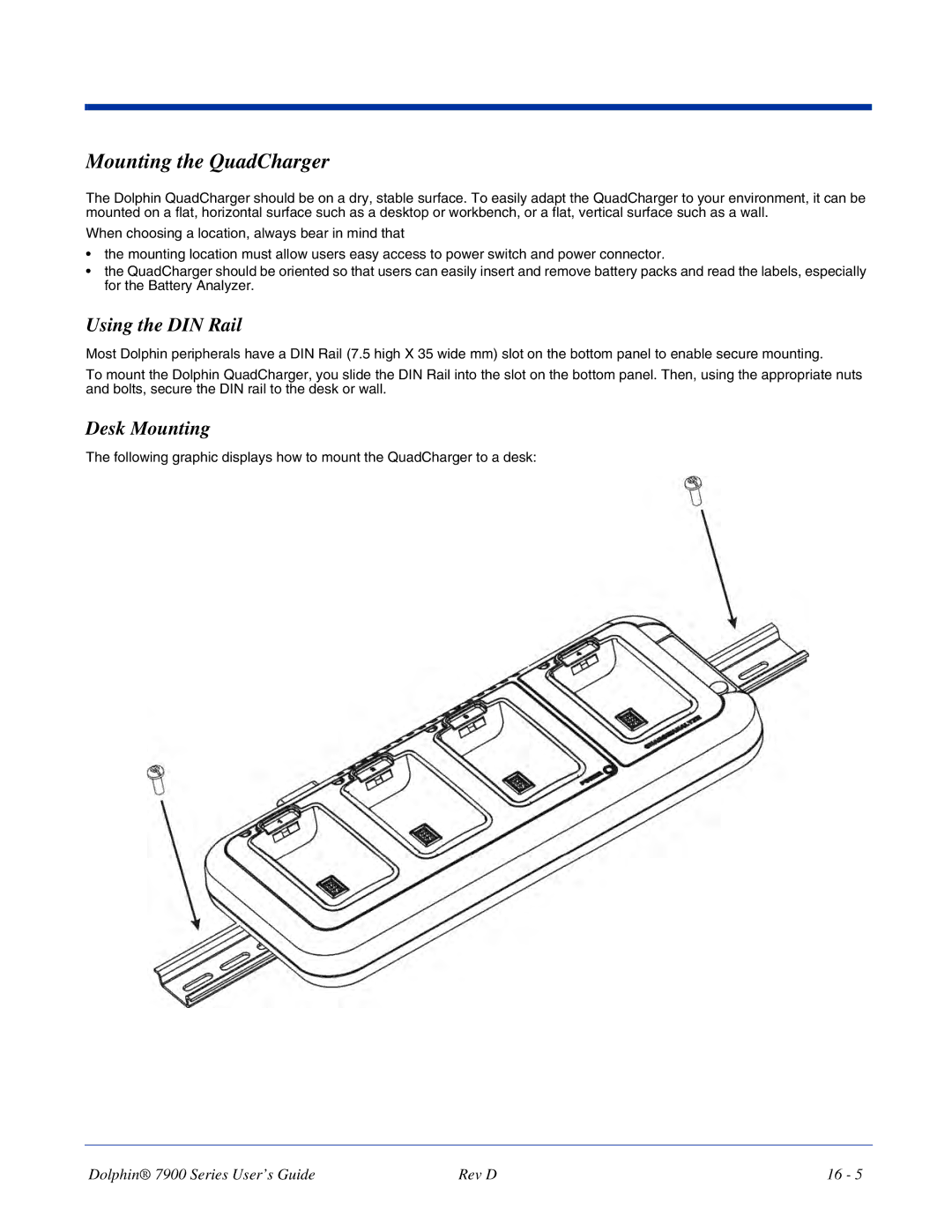 Hand Held Products 7900 manual Mounting the QuadCharger, Using the DIN Rail 