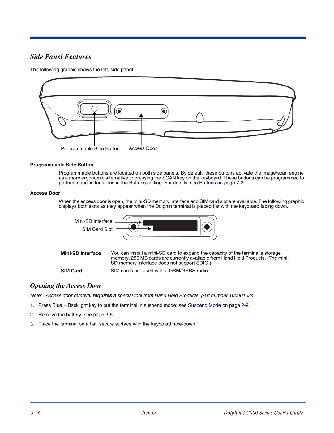 Hand Held Products 7900 manual Side Panel Features, Opening the Access Door, Programmable Side Button, SIM Card 