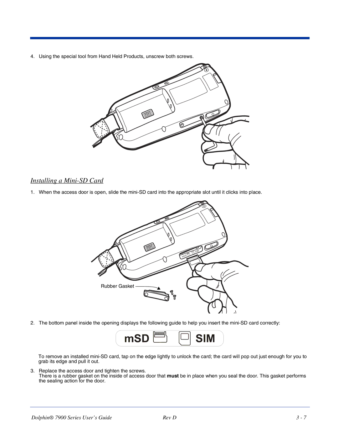 Hand Held Products 7900 manual Msd Sim, Installing a Mini-SD Card 