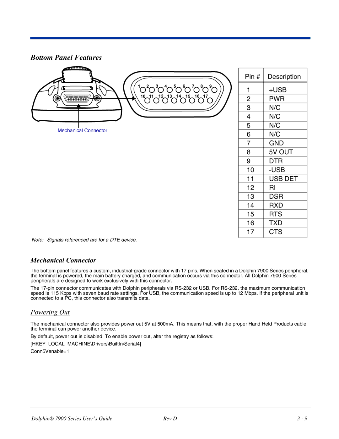 Hand Held Products 7900 manual Bottom Panel Features, Mechanical Connector, Powering Out 