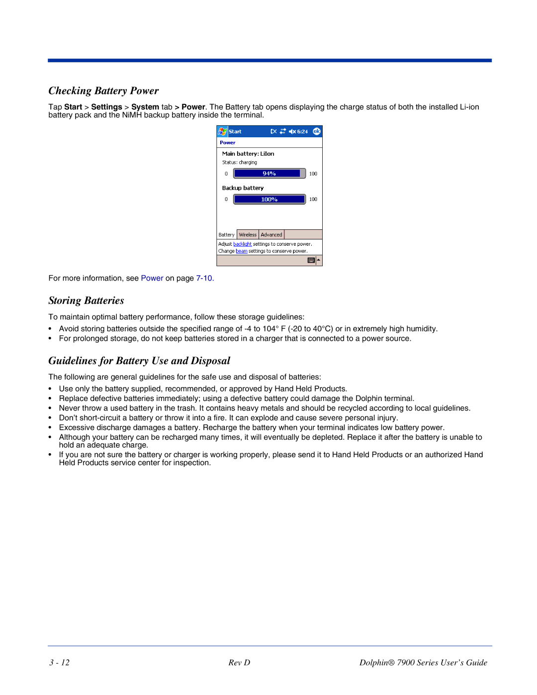 Hand Held Products 7900 manual Checking Battery Power, Storing Batteries, Guidelines for Battery Use and Disposal 