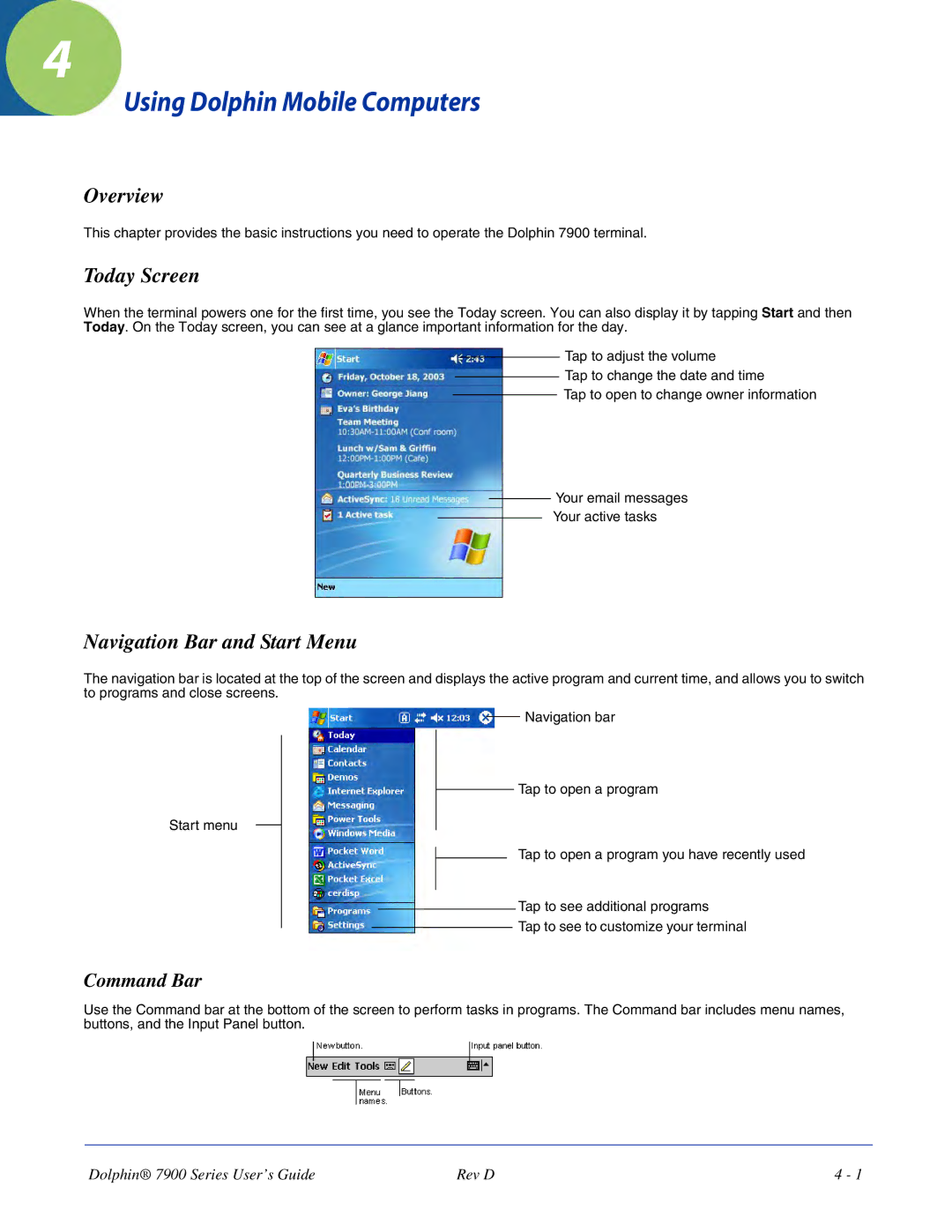 Hand Held Products 7900 manual Using Dolphin Mobile Computers, Today Screen, Navigation Bar and Start Menu, Command Bar 