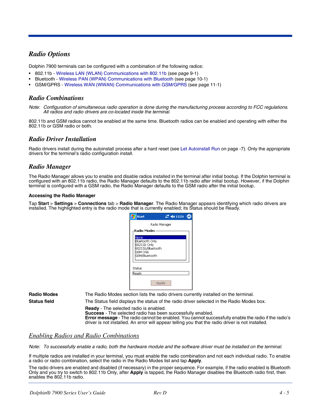 Hand Held Products 7900 manual Radio Options, Radio Combinations, Radio Driver Installation, Radio Manager 