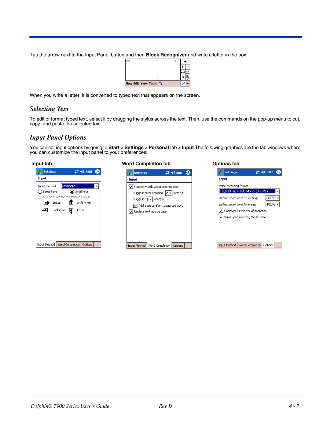 Hand Held Products 7900 manual Selecting Text, Input Panel Options, Input tab Word Completion tab Options tab 
