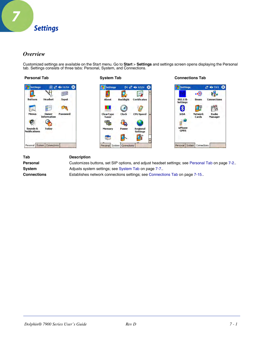 Hand Held Products 7900 manual Settings, Personal Tab System Tab Connections Tab Description 