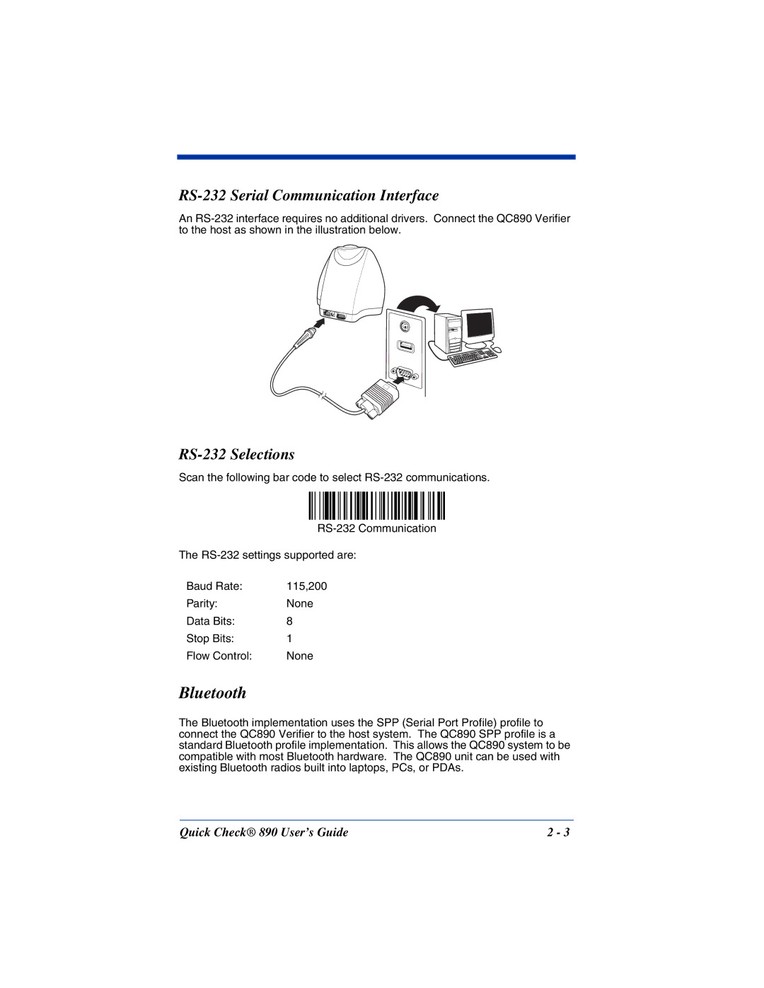 Hand Held Products 890 manual Bluetooth, RS-232 Serial Communication Interface, RS-232 Selections 