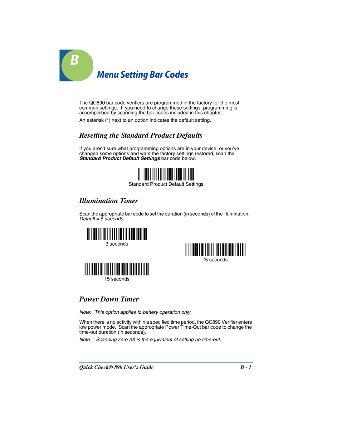 Hand Held Products 890 manual Menu Setting Bar Codes, Resetting the Standard Product Defaults, Illumination Timer 