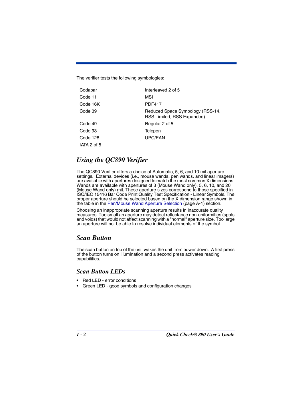 Hand Held Products manual Using the QC890 Verifier, Scan Button LEDs 