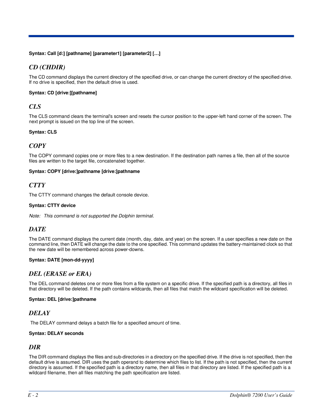 Hand Held Products Dolphin 7200 manual CD Chdir, Cls, Copy, Ctty, Date, Delay, Dir 
