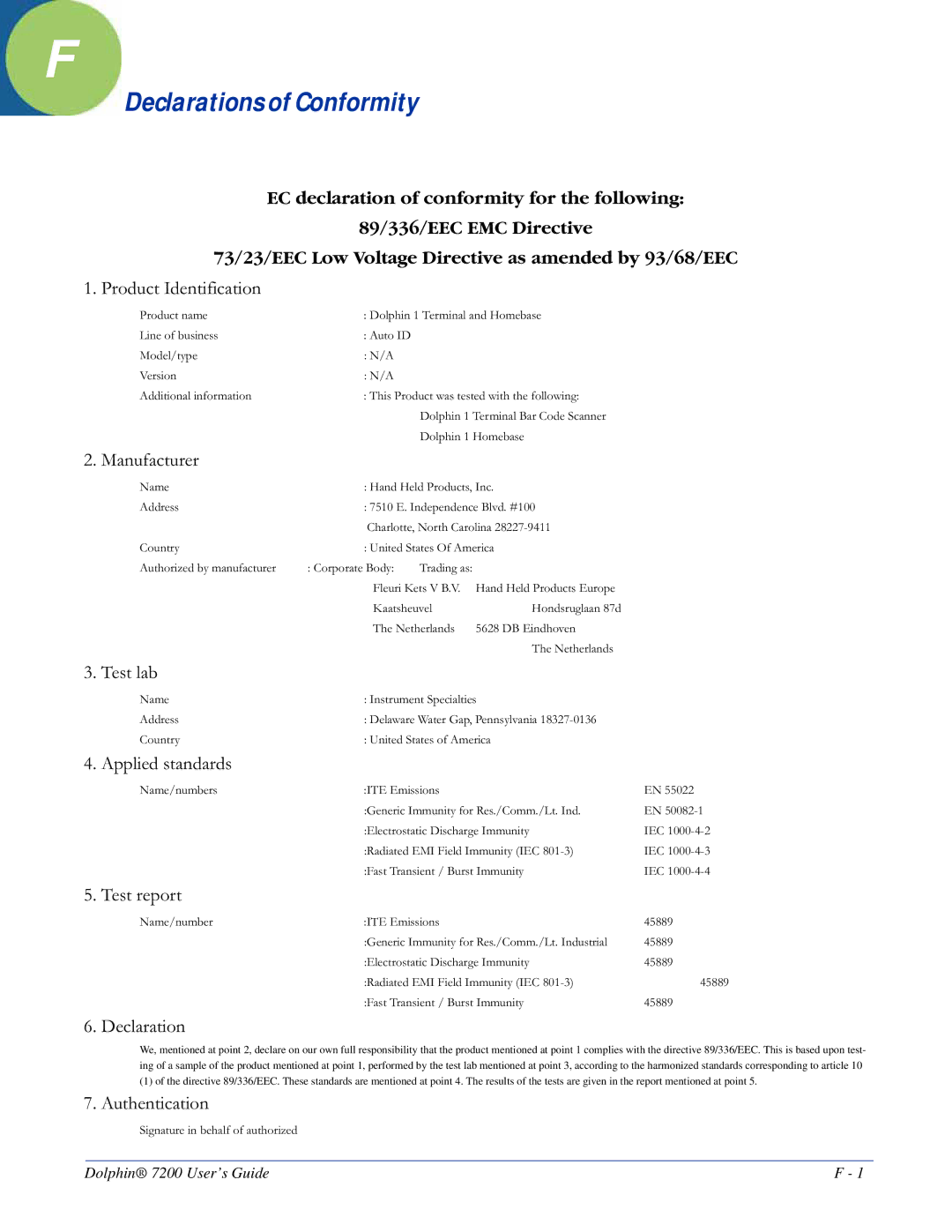 Hand Held Products Dolphin 7200 manual Declarations of Conformity, Product Identification 