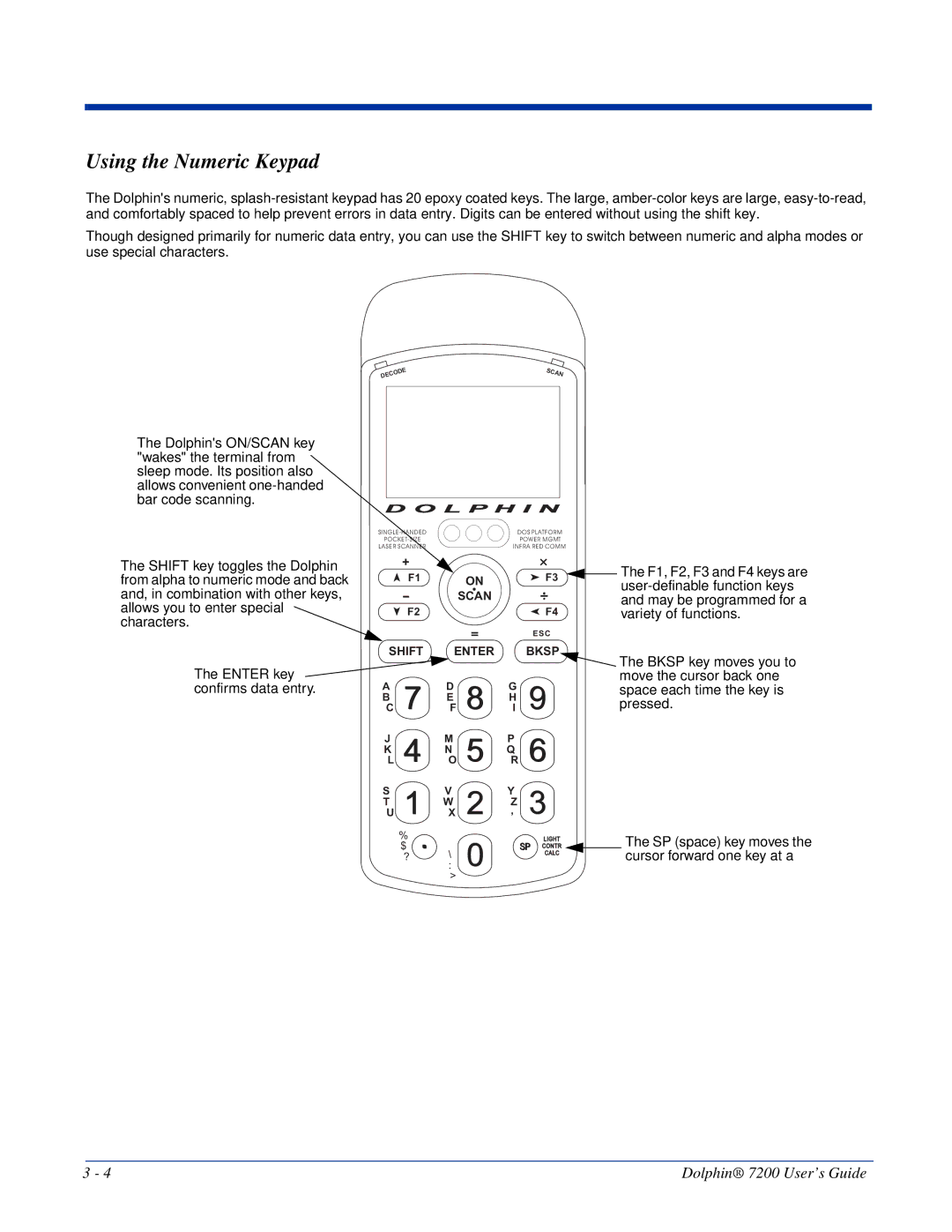 Hand Held Products Dolphin 7200 manual Using the Numeric Keypad 