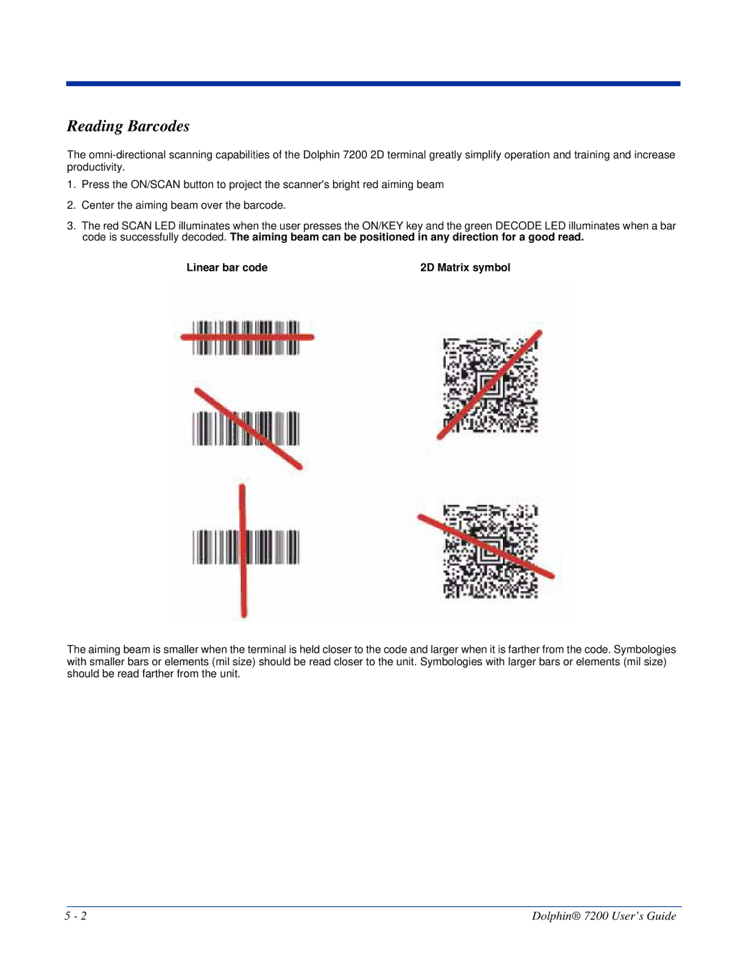 Hand Held Products Dolphin 7200 manual Reading Barcodes, Linear bar code 2D Matrix symbol 