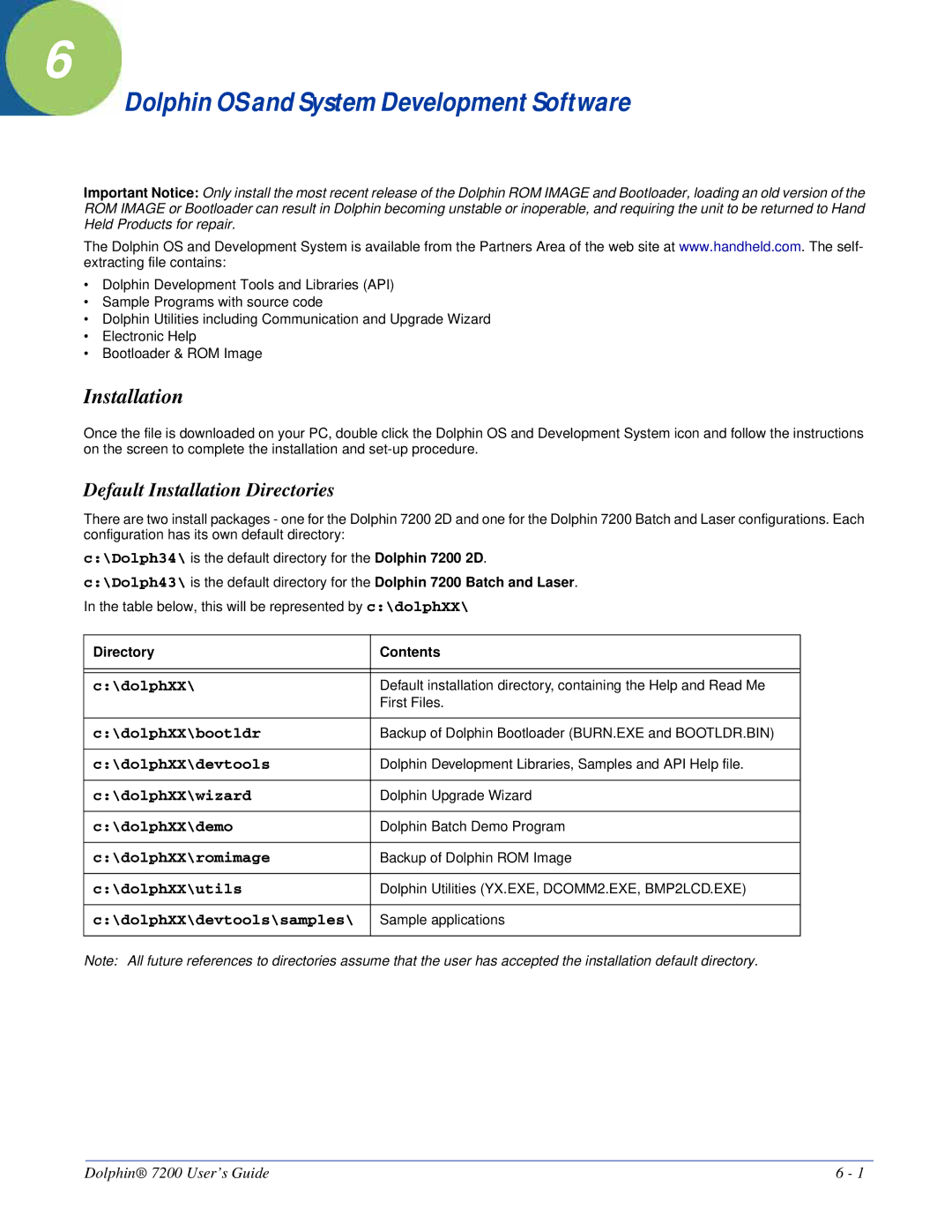 Hand Held Products Dolphin 7200 manual Dolphin OS and System Development Software, Default Installation Directories 