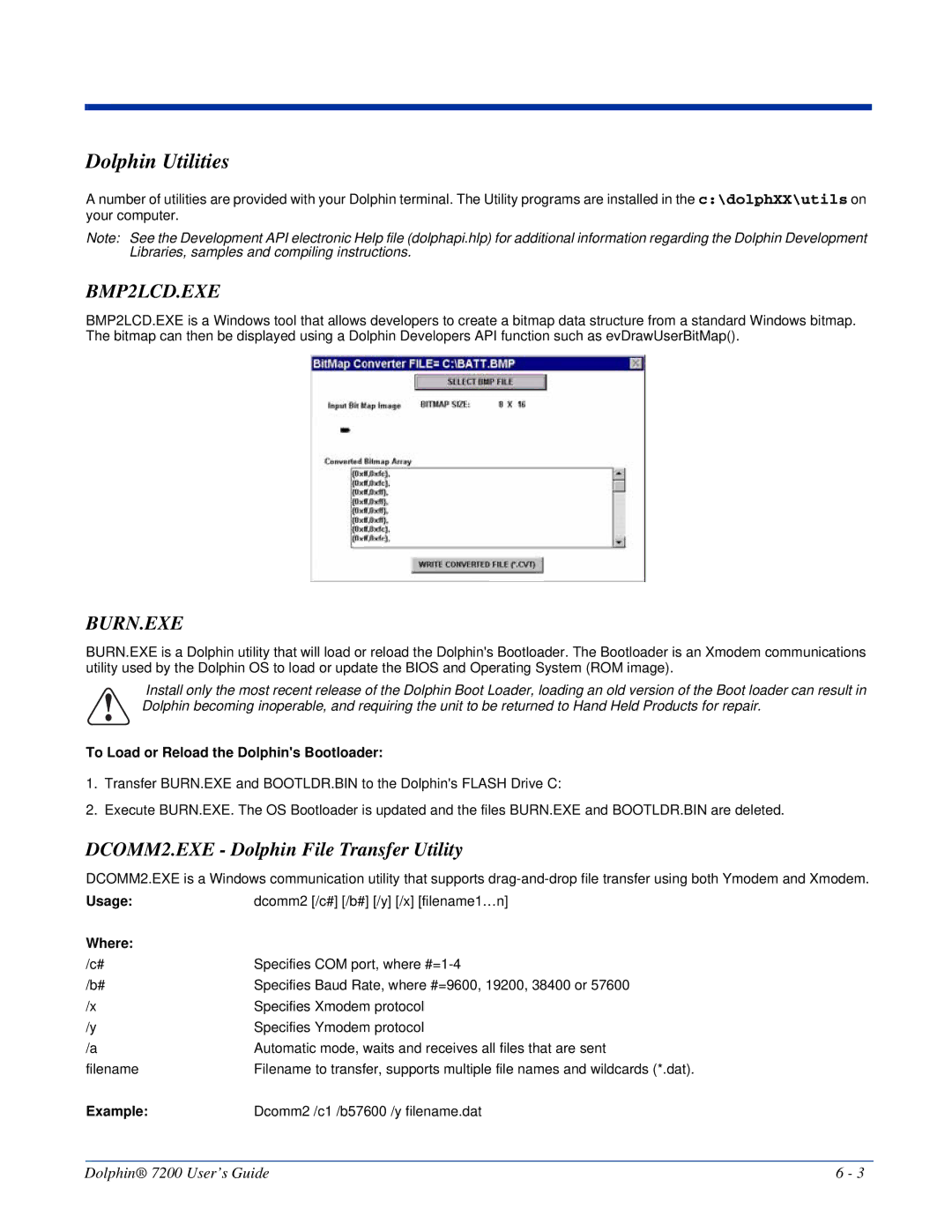 Hand Held Products Dolphin 7200 manual Dolphin Utilities, BMP2LCD.EXE, Burn.Exe, DCOMM2.EXE Dolphin File Transfer Utility 