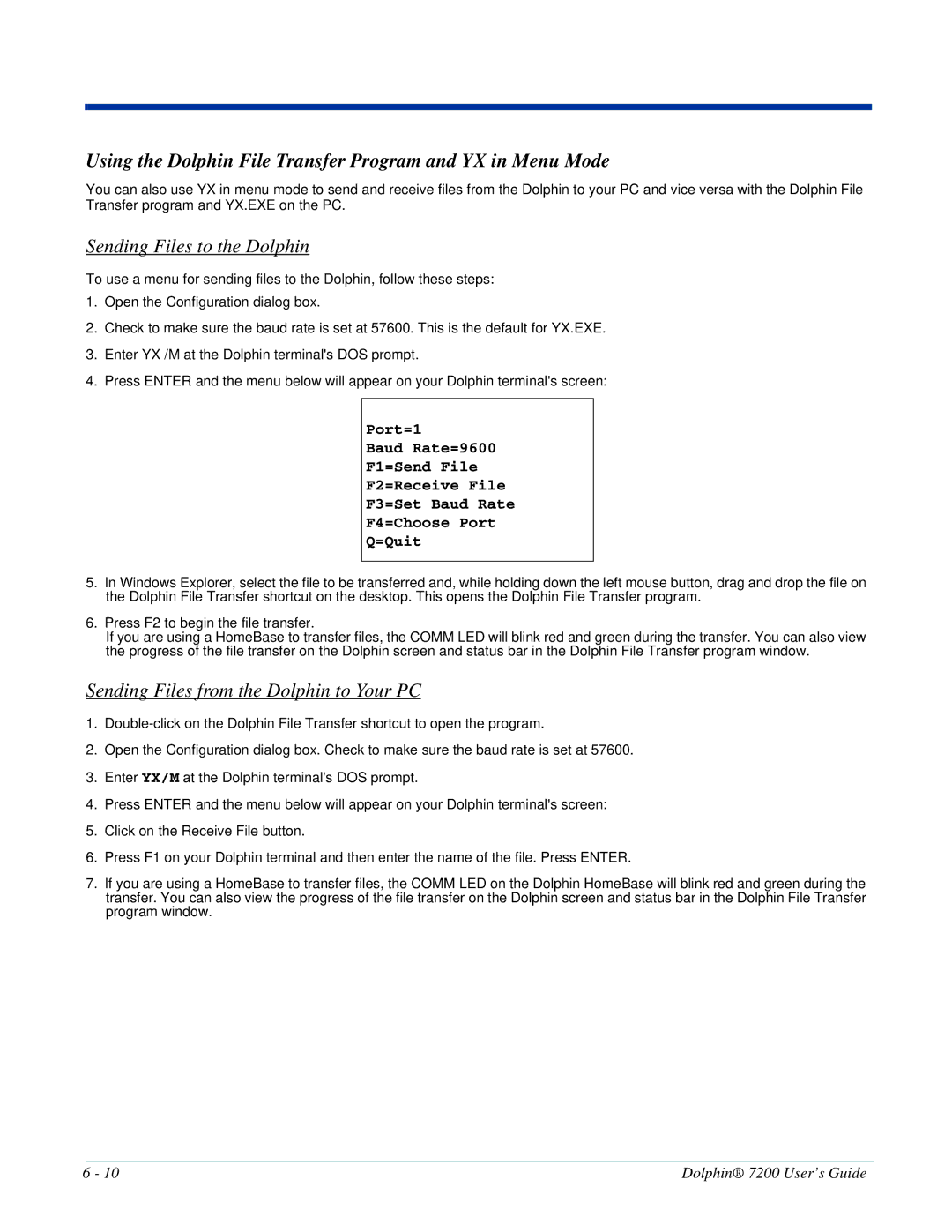 Hand Held Products Dolphin 7200 Using the Dolphin File Transfer Program and YX in Menu Mode, Sending Files to the Dolphin 