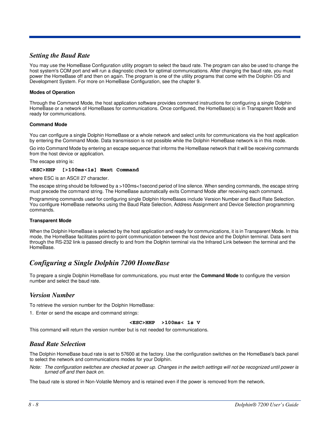 Hand Held Products manual Configuring a Single Dolphin 7200 HomeBase, Setting the Baud Rate, Version Number 