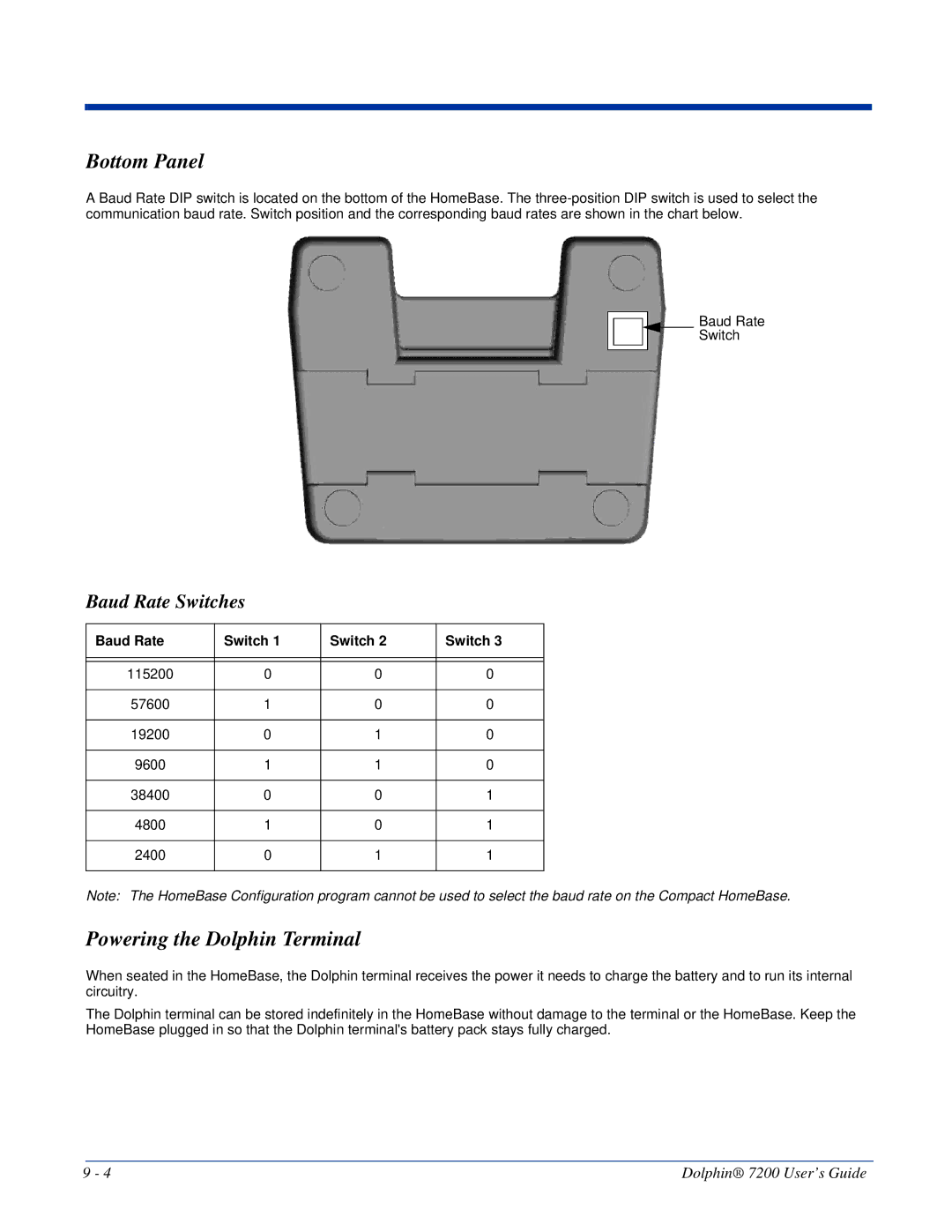 Hand Held Products Dolphin 7200 manual Bottom Panel, Powering the Dolphin Terminal, Baud Rate Switches 