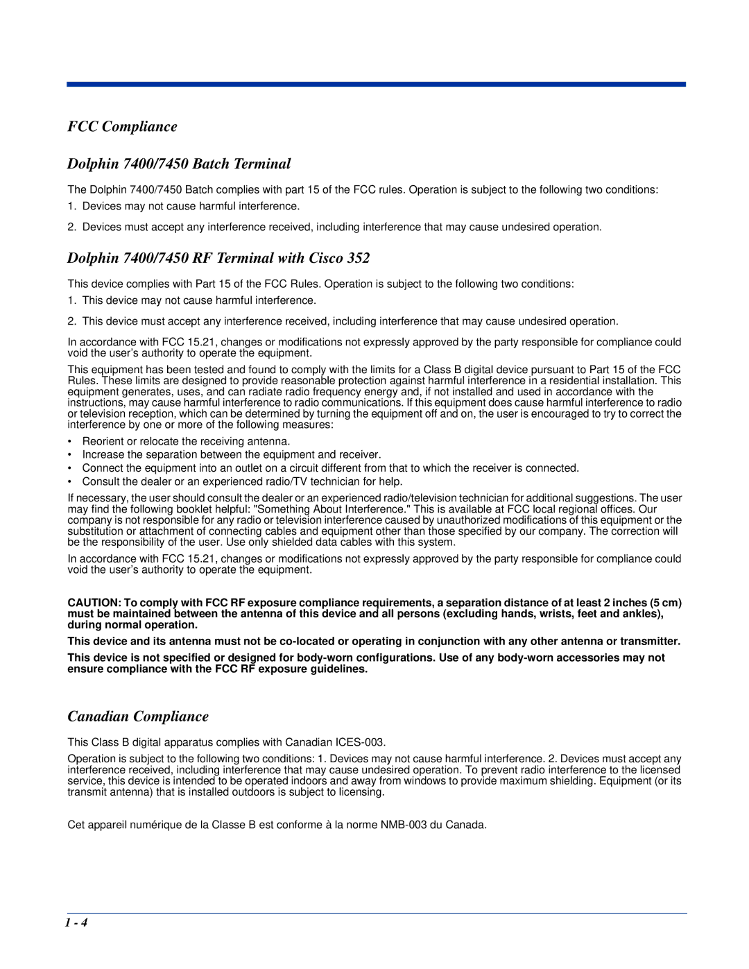 Hand Held Products manual FCC Compliance Dolphin 7400/7450 Batch Terminal, Dolphin 7400/7450 RF Terminal with Cisco 