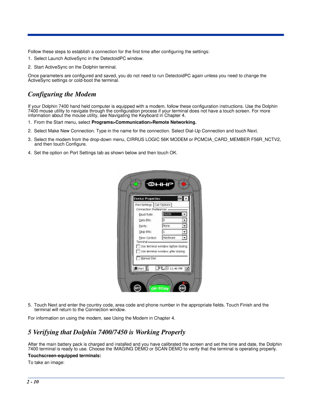 Hand Held Products Dolphin 7450 manual Configuring the Modem, Verifying that Dolphin 7400/7450 is Working Properly 