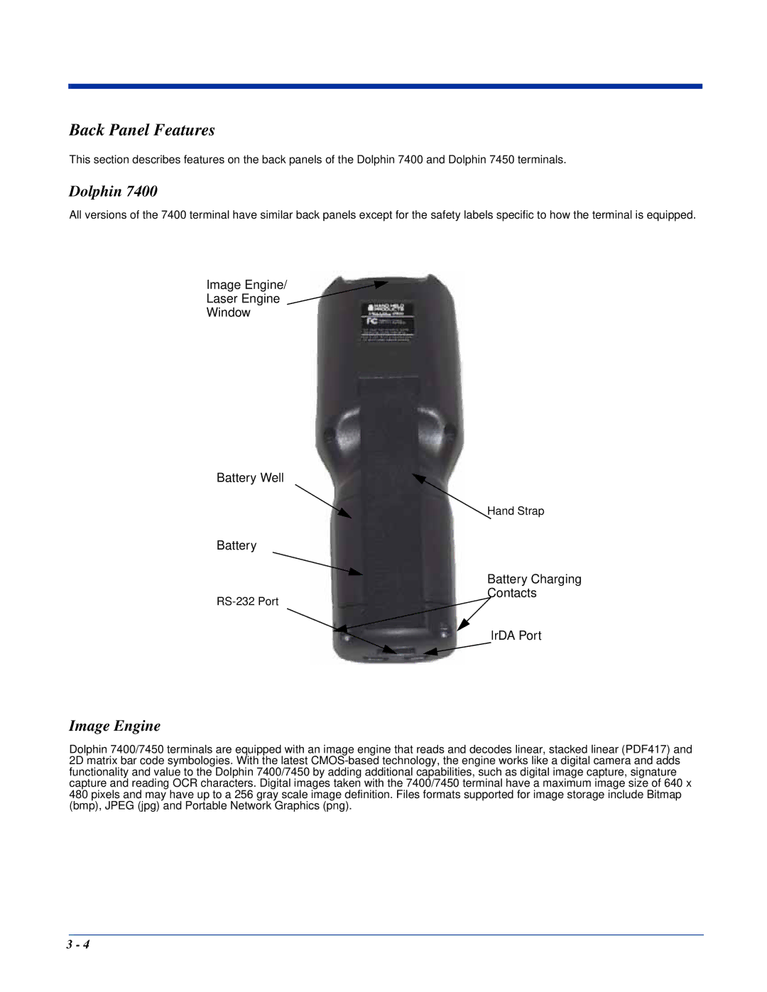 Hand Held Products Dolphin 7400, Dolphin 7450 manual Back Panel Features, Image Engine 