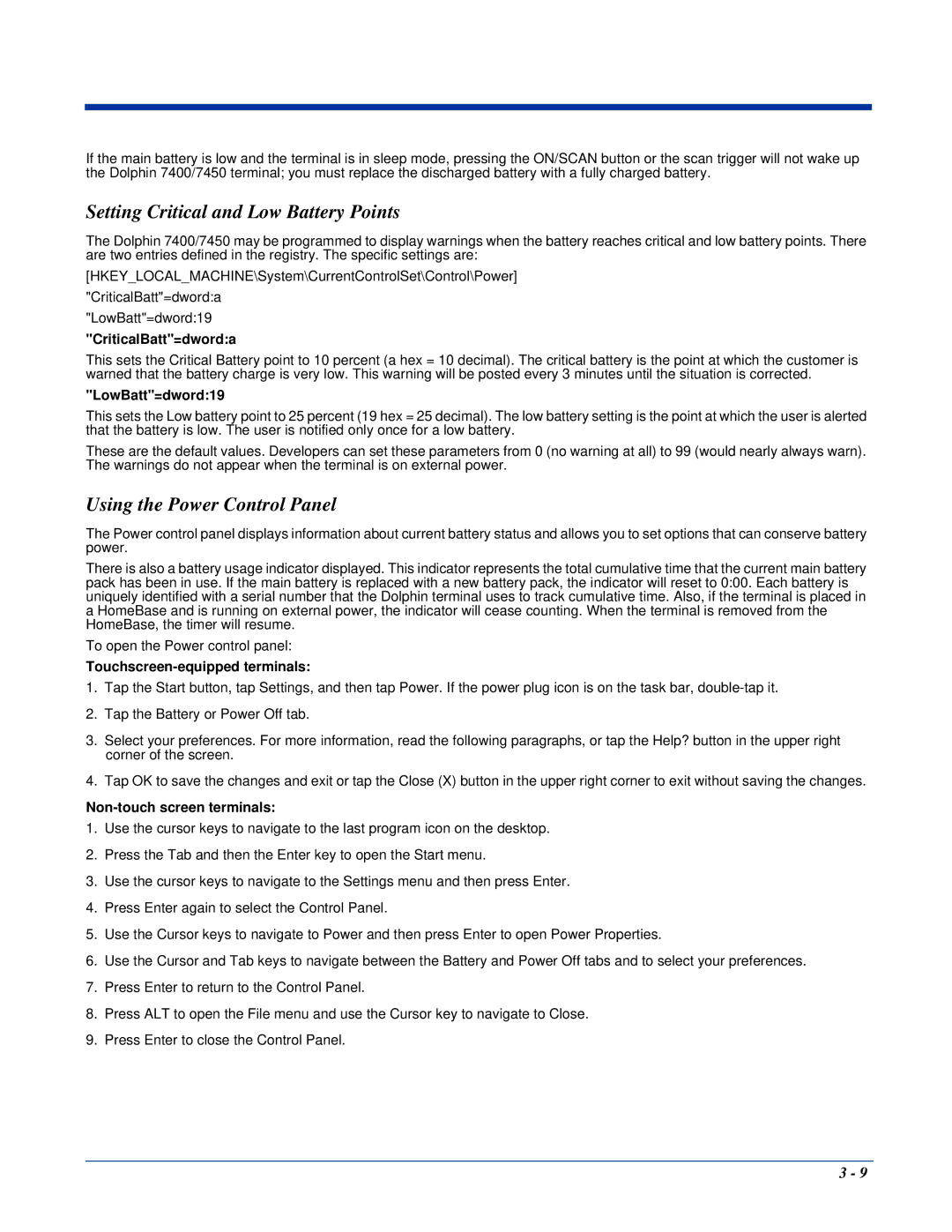 Hand Held Products Dolphin 7450 Setting Critical and Low Battery Points, Using the Power Control Panel, LowBatt=dword19 