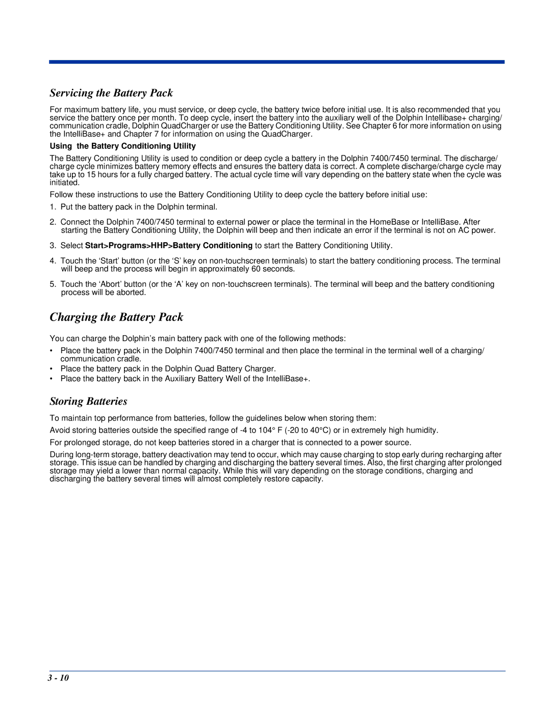 Hand Held Products Dolphin 7400, Dolphin 7450 Charging the Battery Pack, Servicing the Battery Pack, Storing Batteries 