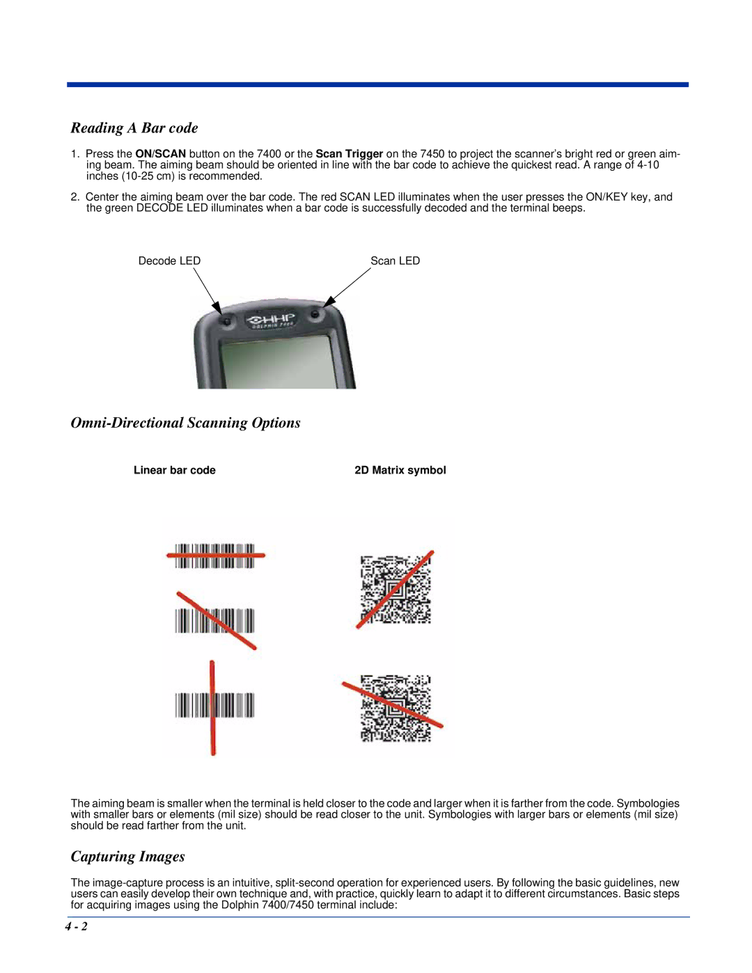 Hand Held Products Dolphin 7400, Dolphin 7450 manual Reading a Bar code, Omni-Directional Scanning Options, Capturing Images 