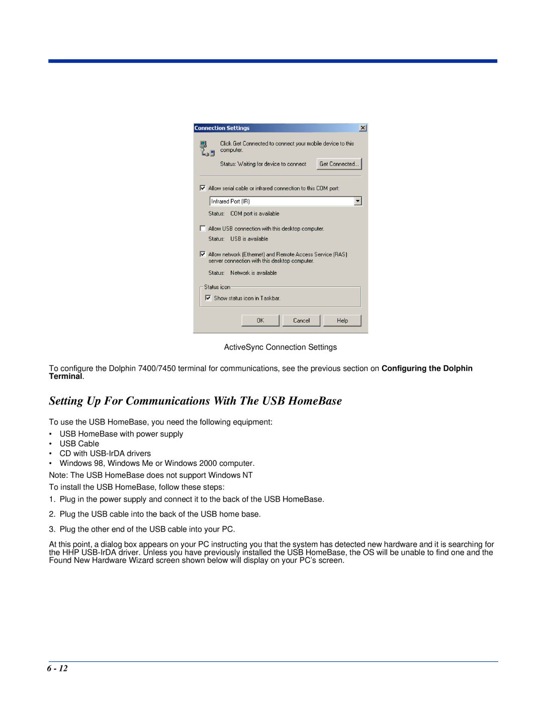 Hand Held Products Dolphin 7400, Dolphin 7450 manual Setting Up For Communications With The USB HomeBase 