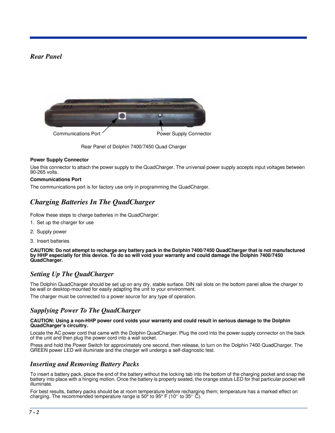 Hand Held Products Dolphin 7400 manual Charging Batteries In The QuadCharger, Rear Panel, Setting Up The QuadCharger 