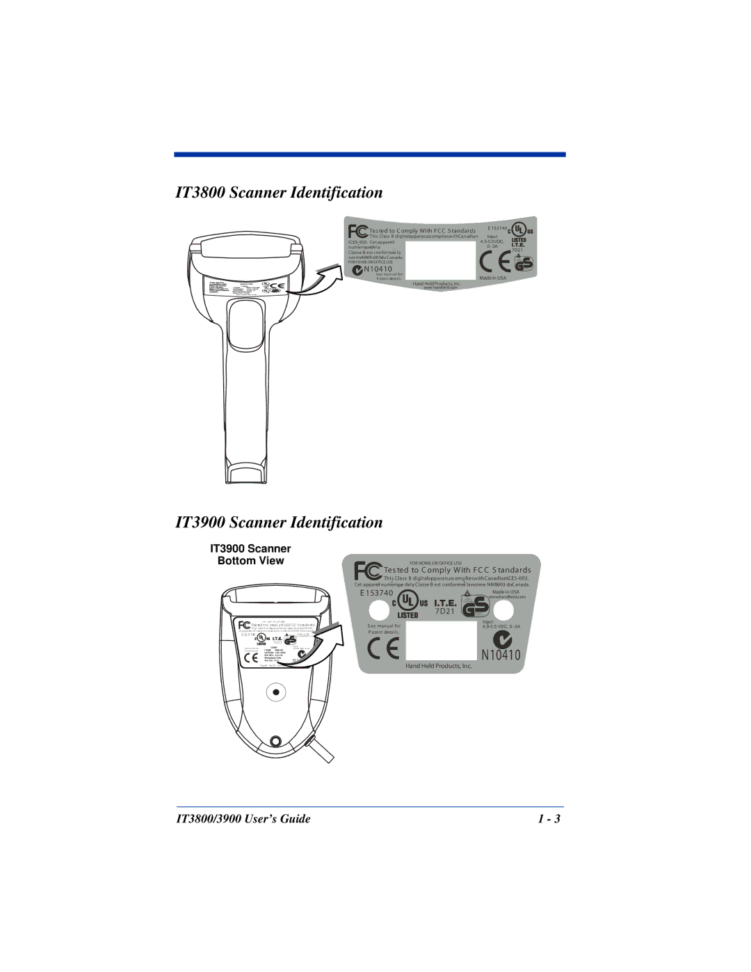 Hand Held Products manual IT3800 Scanner Identification, IT3900 Scanner Identification, IT3900 Scanner Bottom View 