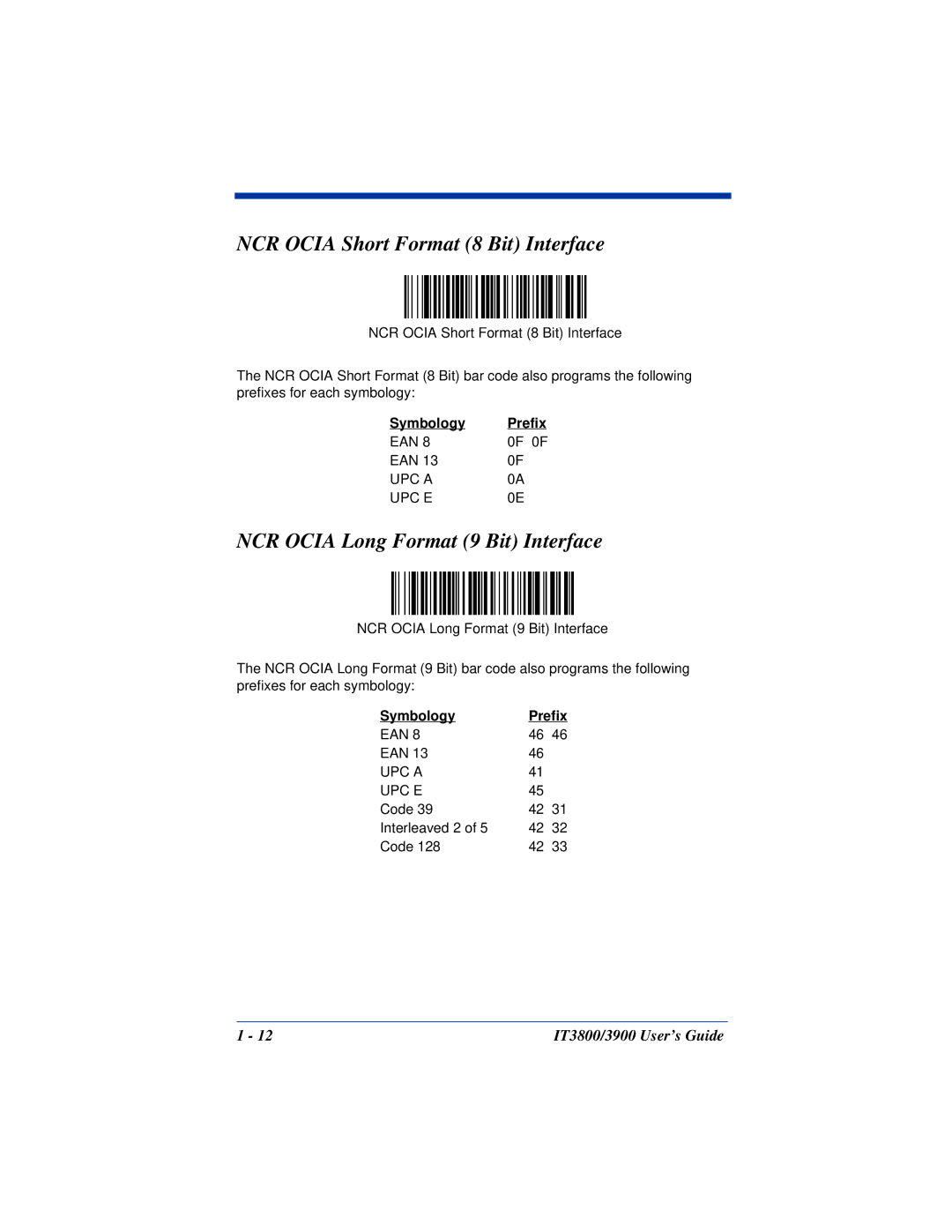 Hand Held Products IT3900, IT3800 NCR Ocia Short Format 8 Bit Interface, NCR Ocia Long Format 9 Bit Interface, Symbology 
