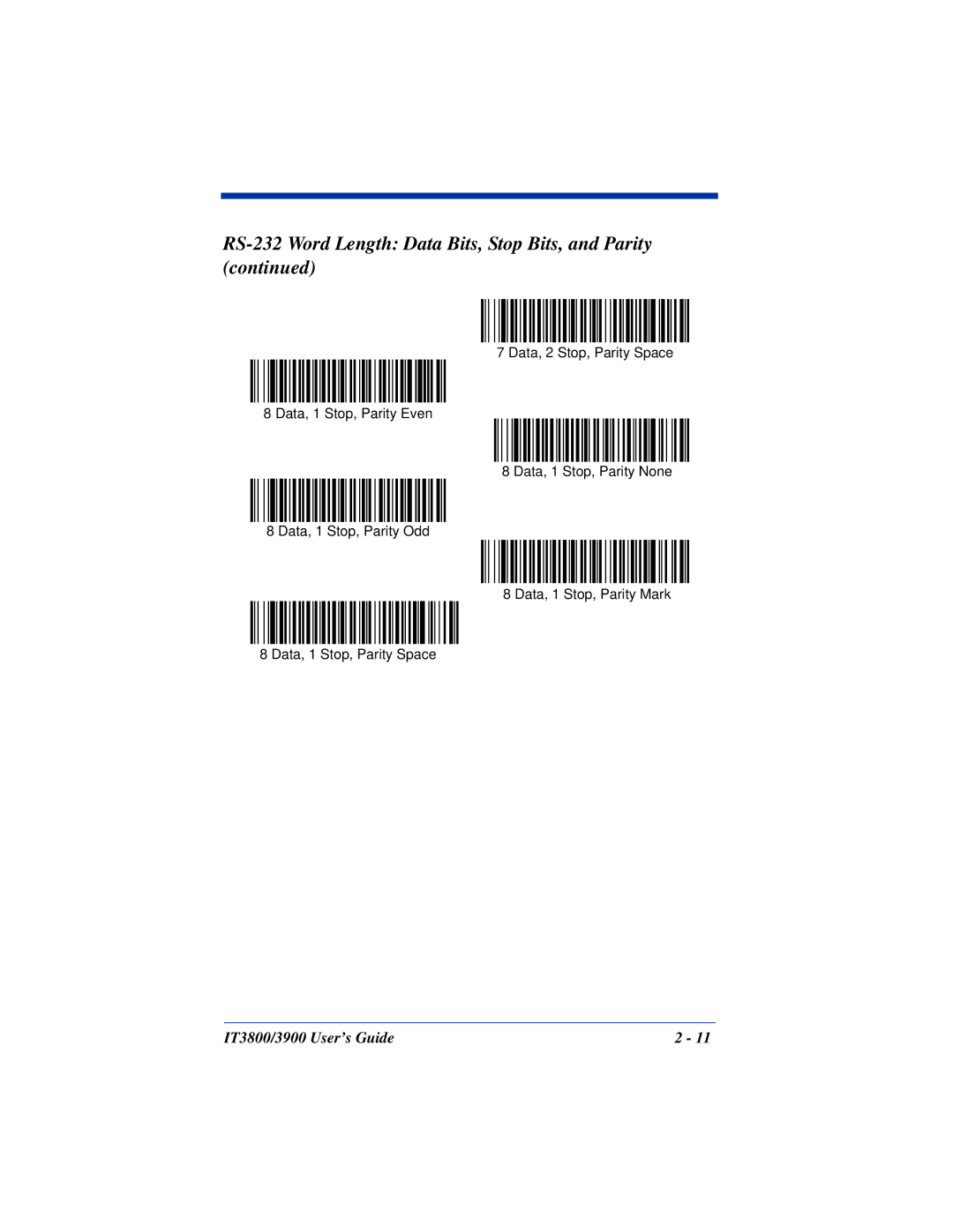 Hand Held Products IT3800, IT3900 manual RS-232 Word Length Data Bits, Stop Bits, and Parity 