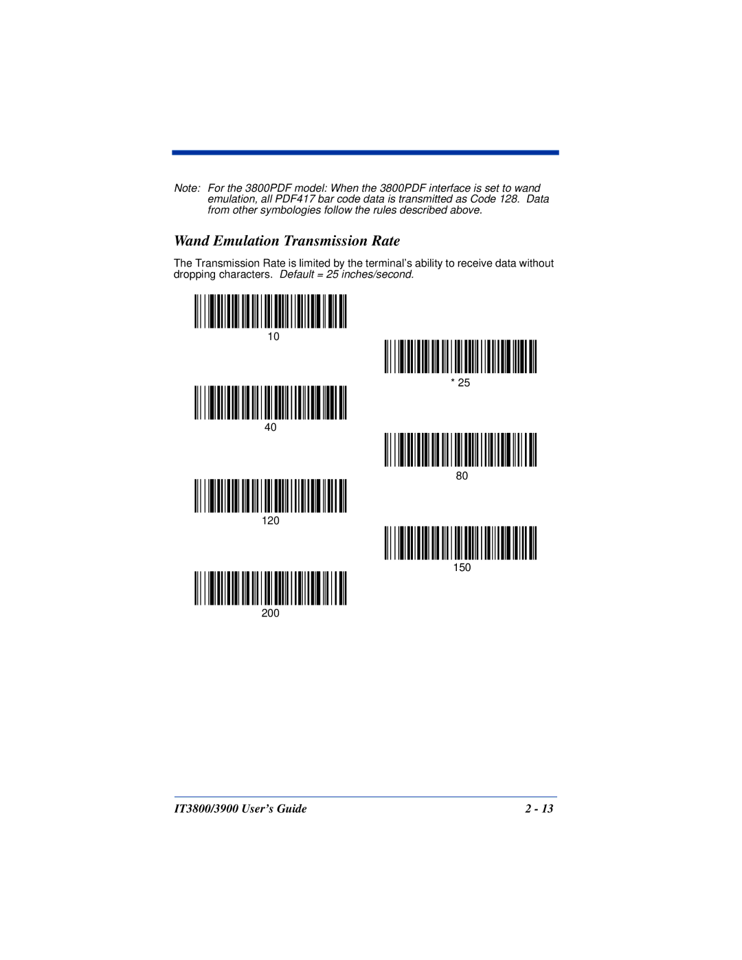 Hand Held Products IT3800, IT3900 manual Wand Emulation Transmission Rate 