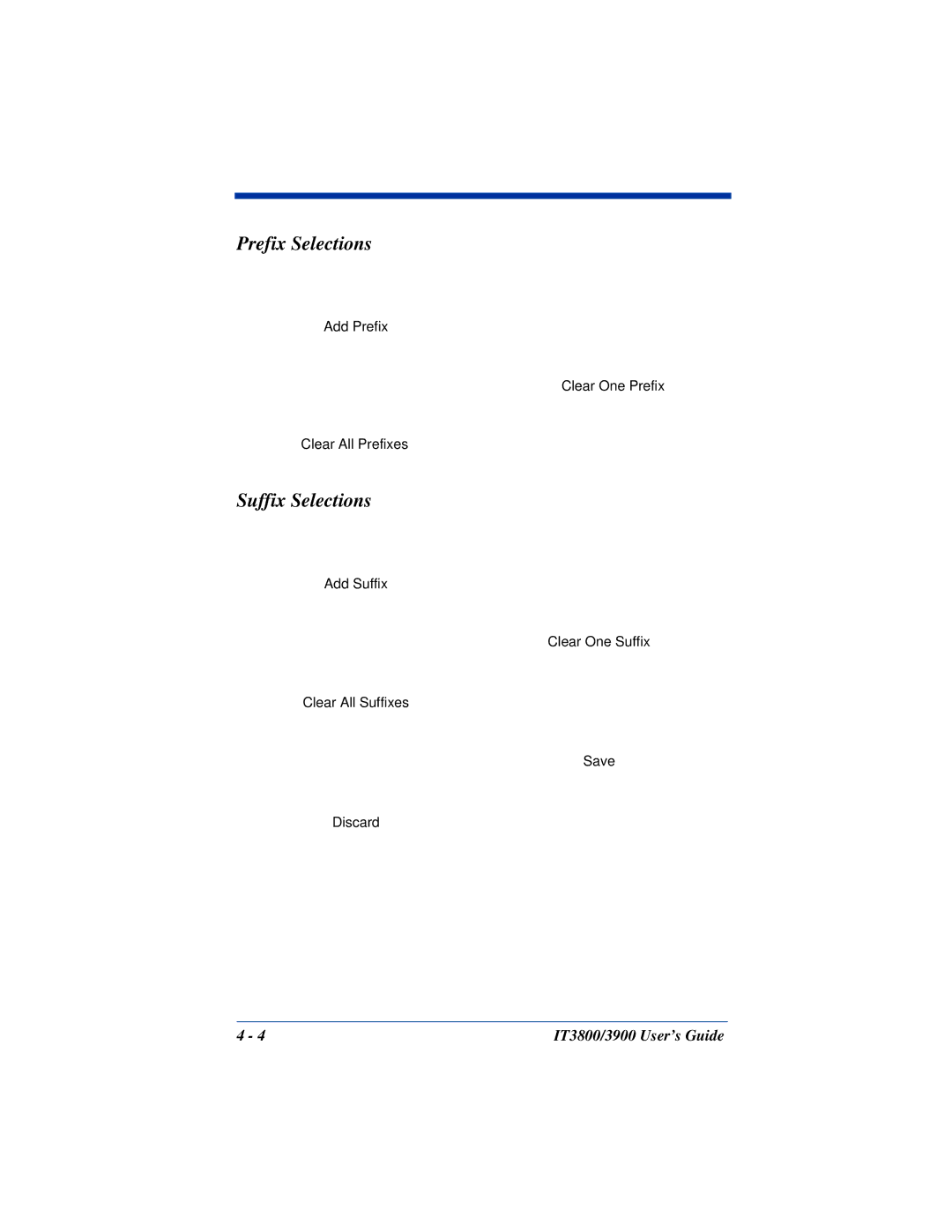 Hand Held Products IT3900, IT3800 manual Prefix Selections, Suffix Selections 