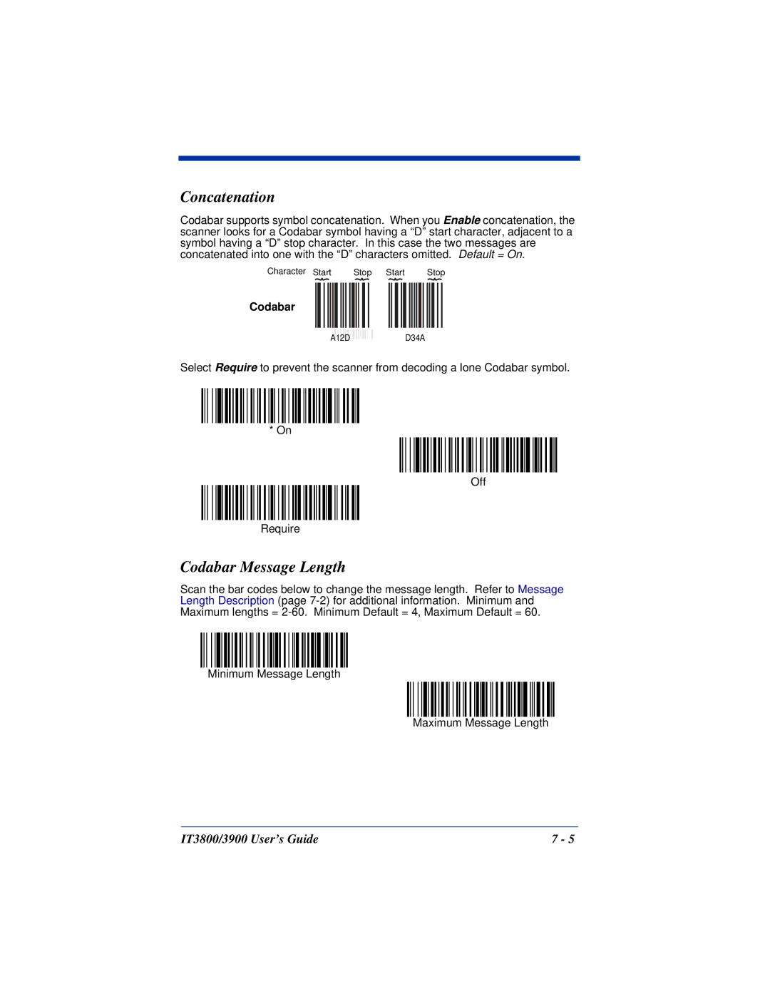 Hand Held Products IT3800, IT3900 manual Concatenation, Codabar Message Length 